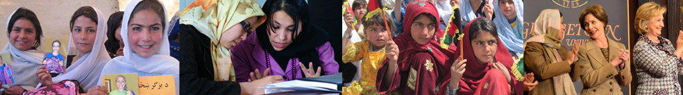 Gallery compilation of images, including three of young Afghan girls in school and one of Mrs. Laura Bush with a colleague.
